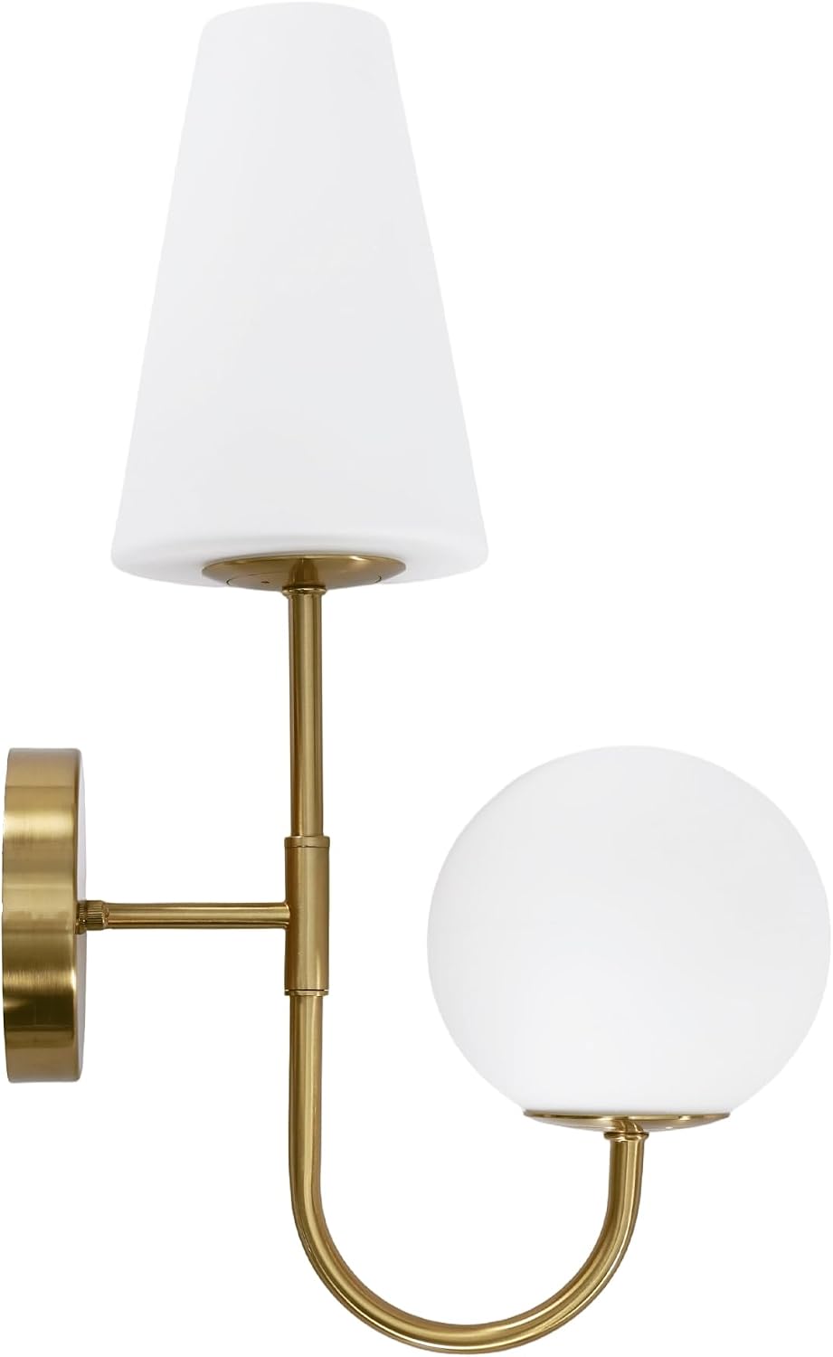 Dual-Head Wall Sconce with Gold Metal Finish, Modern Glass Shade Wall Light Fixture for Bedroom, Living Room & Hallway, E12 Base
