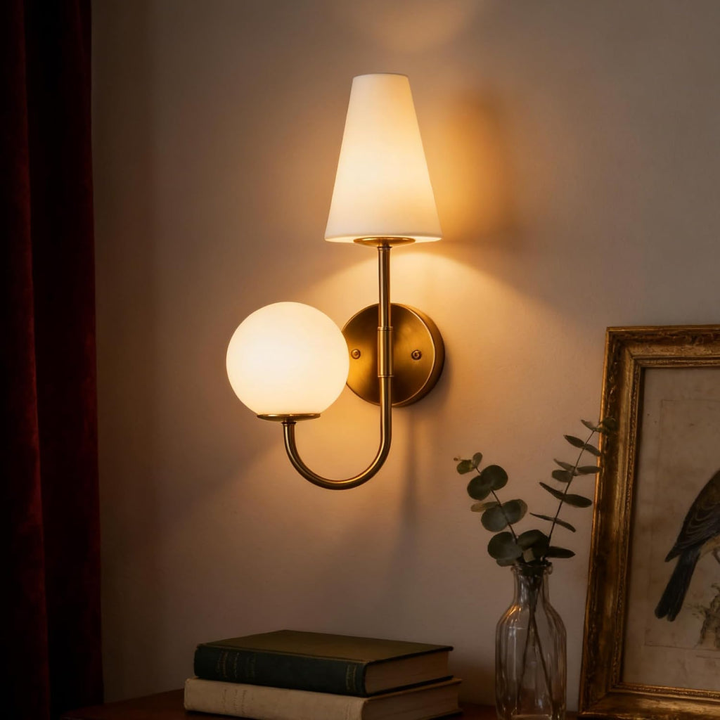 Dual-Head Wall Sconce with Gold Metal Finish, Modern Glass Shade Wall Light Fixture for Bedroom, Living Room & Hallway, E12 Base