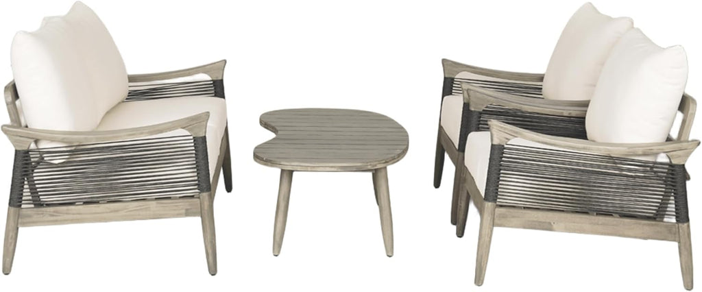 Acacia Wood Patio Conversation Set with Rope Woven Chairs & Loveseat, Outdoor Sofa Set with Arc Coffee Table & Cushions for Patio, Garden & Balcony