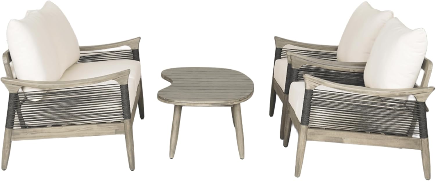 Acacia Wood Patio Conversation Set with Rope Woven Chairs & Loveseat, Outdoor Sofa Set with Arc Coffee Table & Cushions for Patio, Garden & Balcony