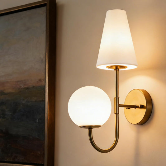 Dual-Head Wall Sconce with Gold Metal Finish, Modern Glass Shade Wall Light Fixture for Bedroom, Living Room & Hallway, E12 Base