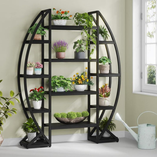 5-Tier Plant Stand with 12 Shelves, Large Half-Moon Metal & Wood Display Rack for Indoor Plants, Books & Decor Storage