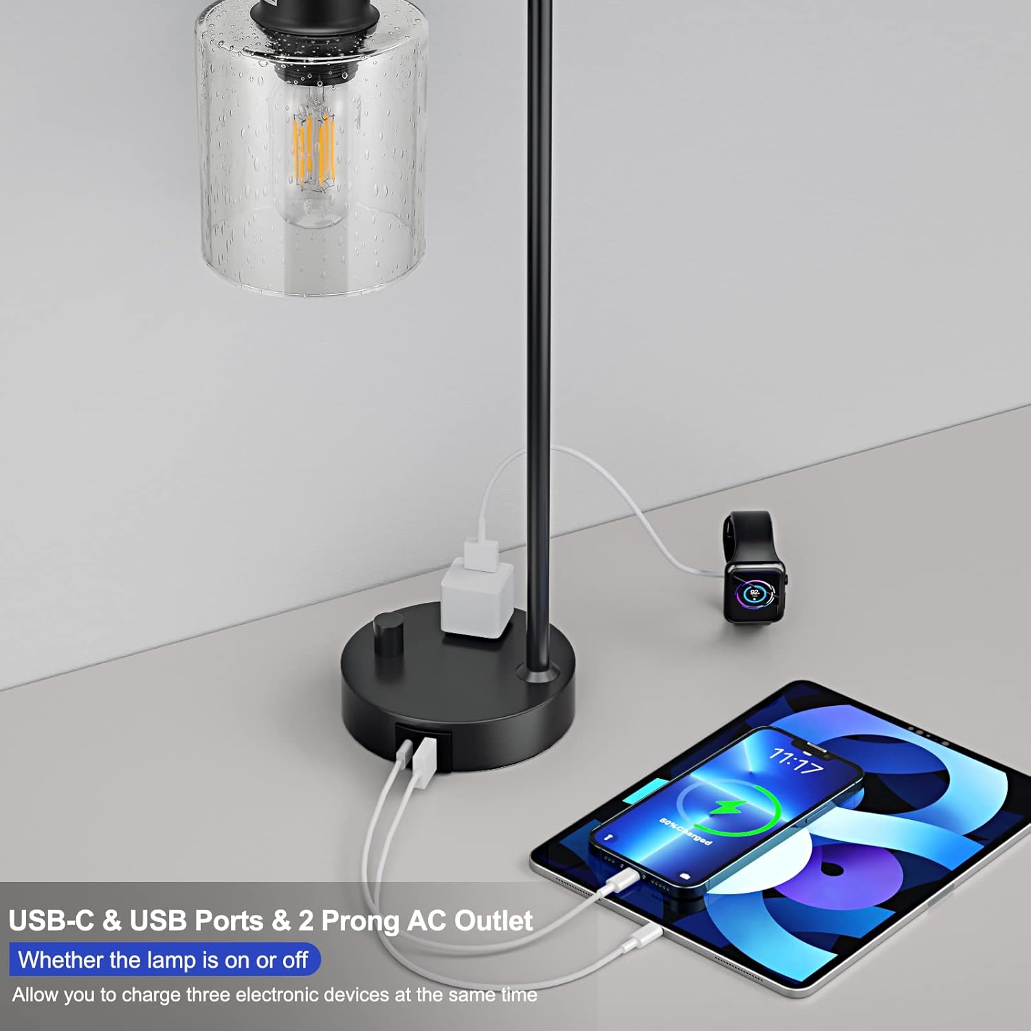 Stepless Dimmable Industrial Table Lamp with USB-C, USB & AC Outlet Charging Ports, Vintage Bedside Desk Lamp with LED Bulb for Bedroom, Office & Living Room