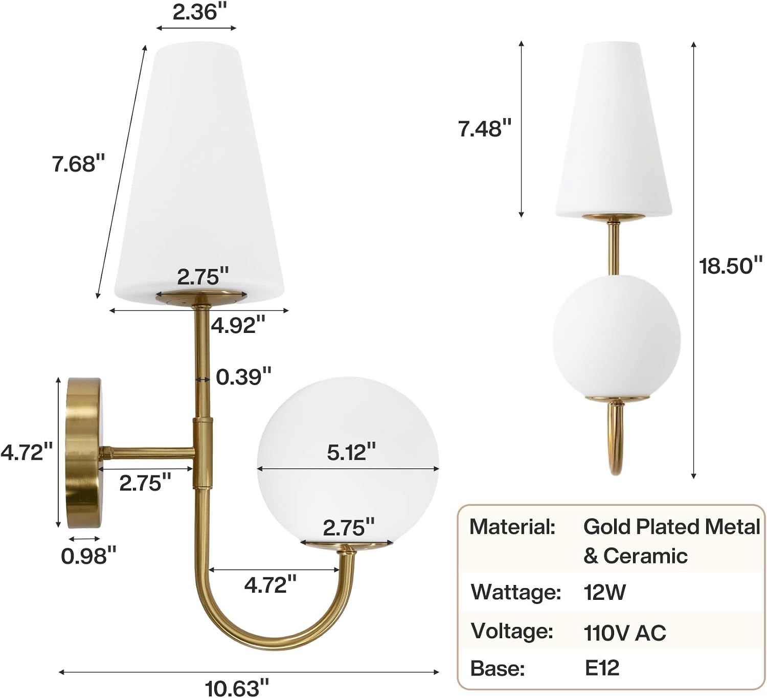 Dual-Head Wall Sconce with Gold Metal Finish, Modern Glass Shade Wall Light Fixture for Bedroom, Living Room & Hallway, E12 Base