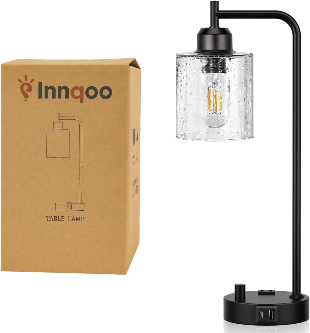 Stepless Dimmable Industrial Table Lamp with USB-C, USB & AC Outlet Charging Ports, Vintage Bedside Desk Lamp with LED Bulb for Bedroom, Office & Living Room