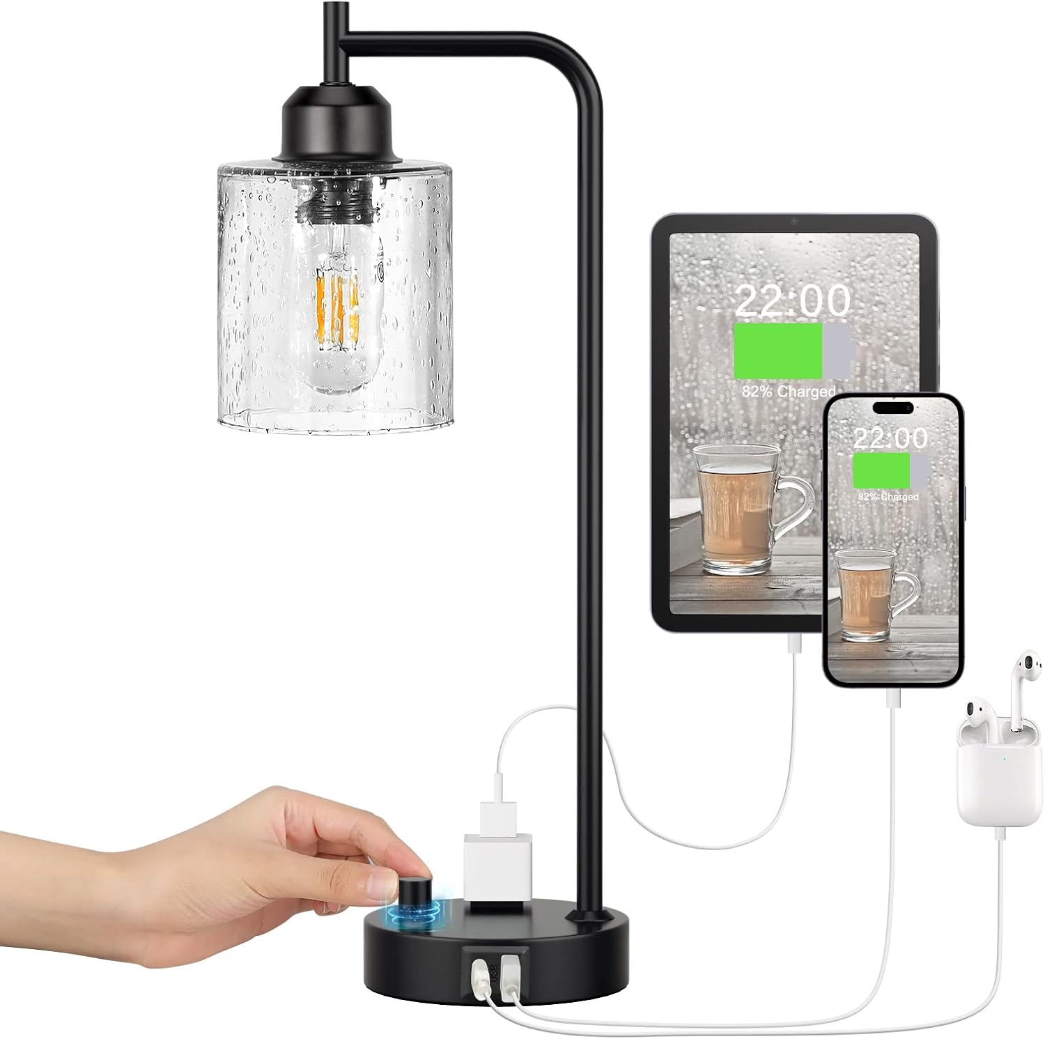 Stepless Dimmable Industrial Table Lamp with USB-C, USB & AC Outlet Charging Ports, Vintage Bedside Desk Lamp with LED Bulb for Bedroom, Office & Living Room