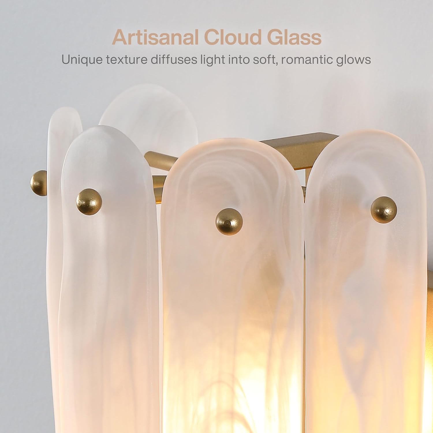 Cloud Glass Wall Sconce, 2-Light Brass Gold Vanity Wall Lamp, Modern Ambient Lighting for Bedroom Bathroom Hallway