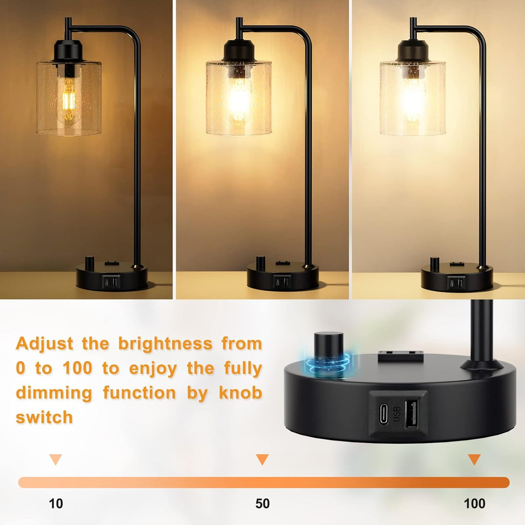 Stepless Dimmable Industrial Table Lamp with USB-C, USB & AC Outlet Charging Ports, Vintage Bedside Desk Lamp with LED Bulb for Bedroom, Office & Living Room