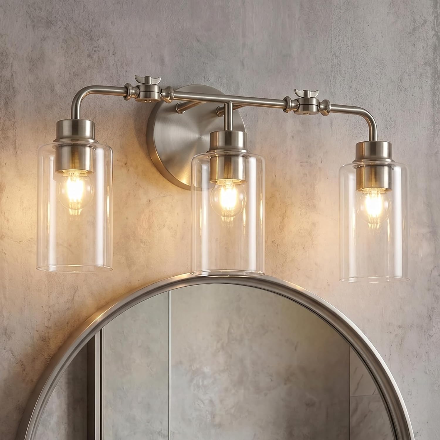 3-Light Bathroom Wall Sconce with Adjustable Heads, Brushed Nickel & Glass Vanity Light Fixture, Up & Down Mount Wall Lighting for Bathroom, Bedroom & Vanity