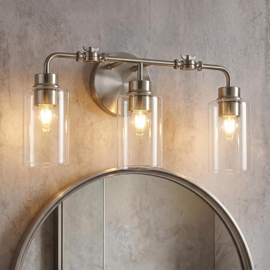 3-Light Bathroom Wall Sconce with Adjustable Heads, Brushed Nickel & Glass Vanity Light Fixture, Up & Down Mount Wall Lighting for Bathroom, Bedroom & Vanity