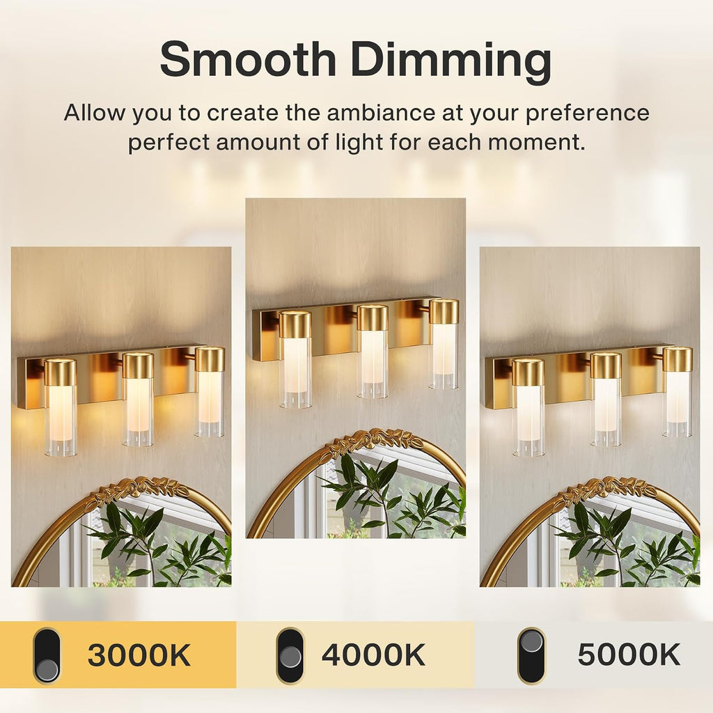 3-Light LED Bathroom Vanity Light with Adjustable Color Temperature (3000K–6000K), Modern Glass Wall Sconce for Bathroom, Bedroom & Dressing Area