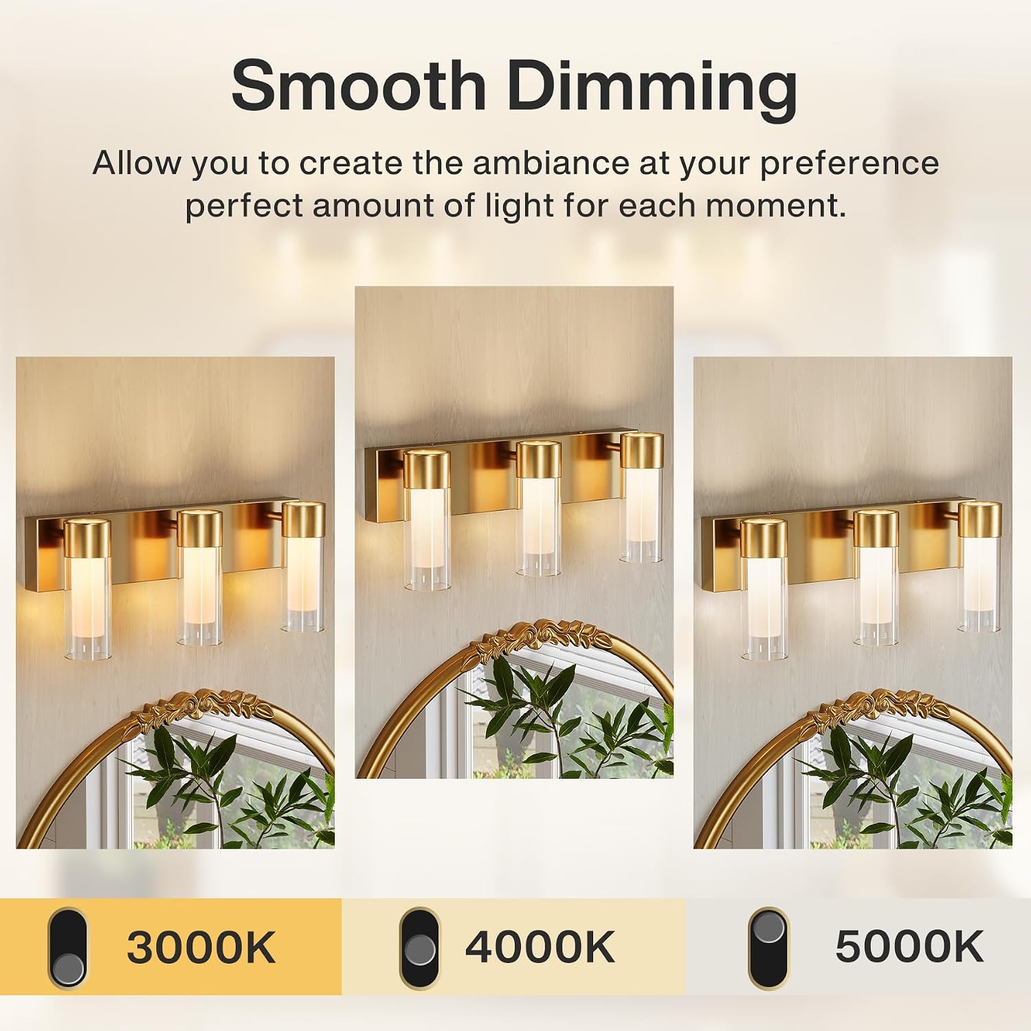 3-Light LED Bathroom Vanity Light with Adjustable Color Temperature (3000K–6000K), Modern Glass Wall Sconce for Bathroom, Bedroom & Dressing Area