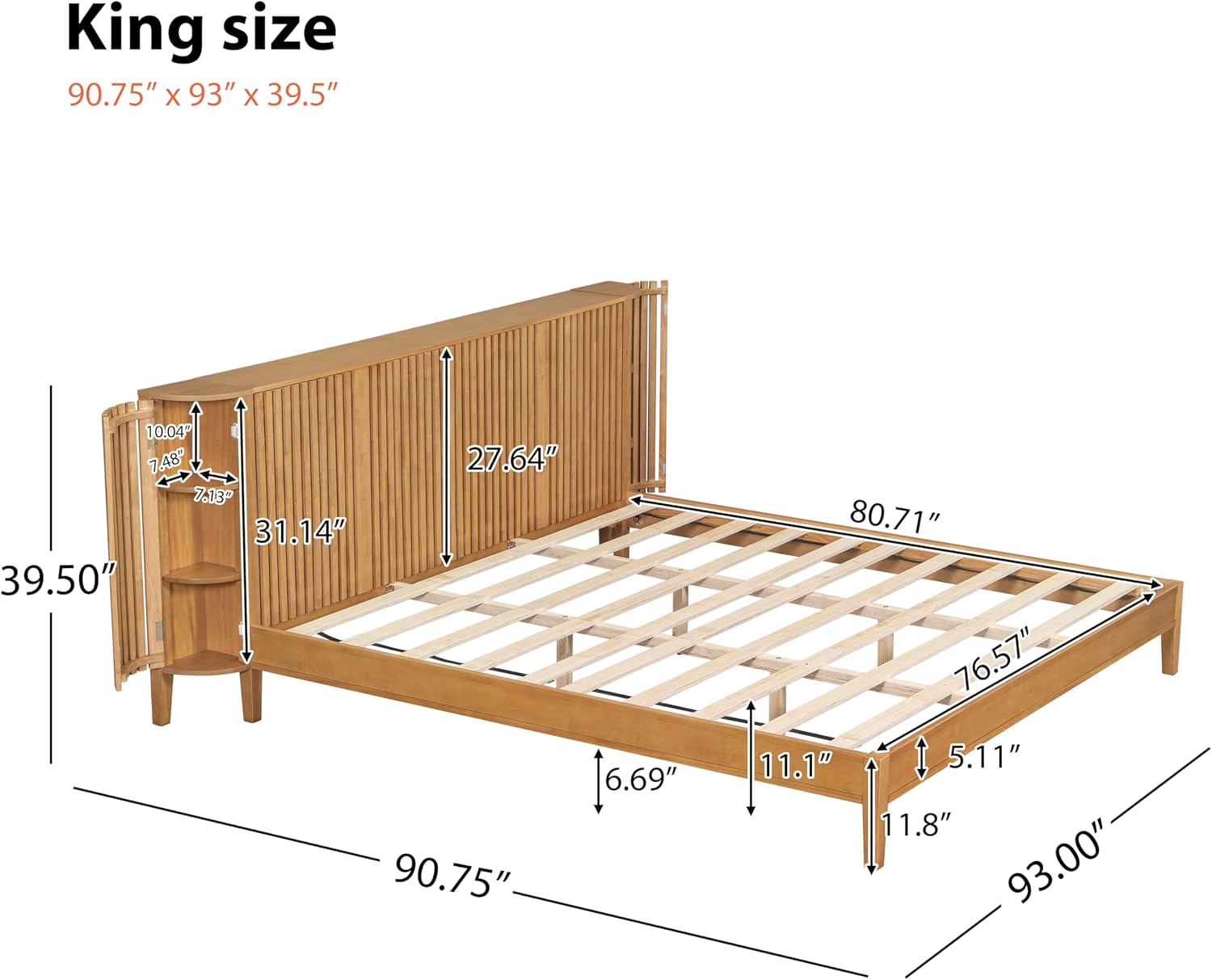 King Solid Wood Platform Bed Frame with Slat Headboard & Side Storage Cabinets, No Box Spring Needed, Modern Bedroom Bed with Display Shelf