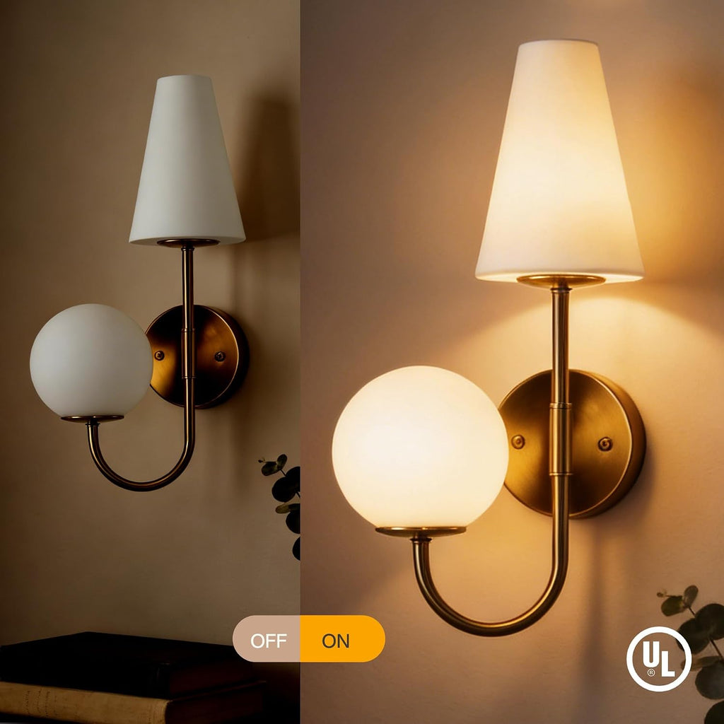 Dual-Head Wall Sconce with Gold Metal Finish, Modern Glass Shade Wall Light Fixture for Bedroom, Living Room & Hallway, E12 Base