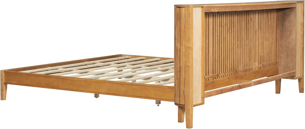 King Solid Wood Platform Bed Frame with Slat Headboard & Side Storage Cabinets, No Box Spring Needed, Modern Bedroom Bed with Display Shelf