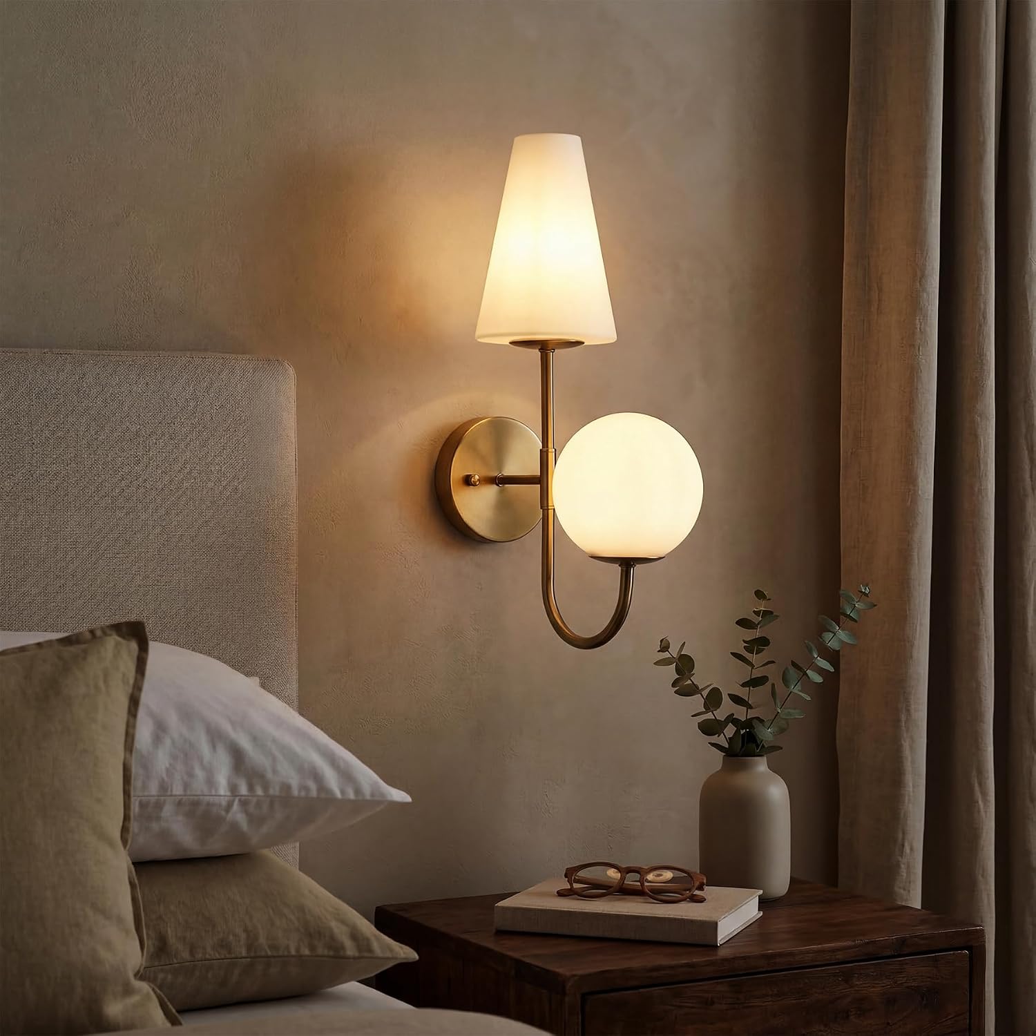 Dual-Head Wall Sconce with Gold Metal Finish, Modern Glass Shade Wall Light Fixture for Bedroom, Living Room & Hallway, E12 Base