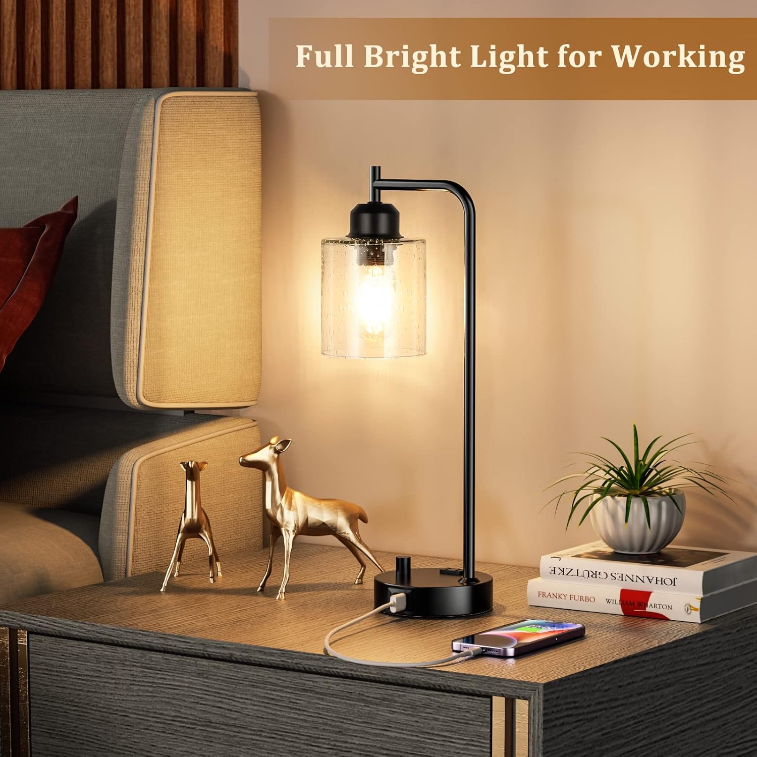 Stepless Dimmable Industrial Table Lamp with USB-C, USB & AC Outlet Charging Ports, Vintage Bedside Desk Lamp with LED Bulb for Bedroom, Office & Living Room
