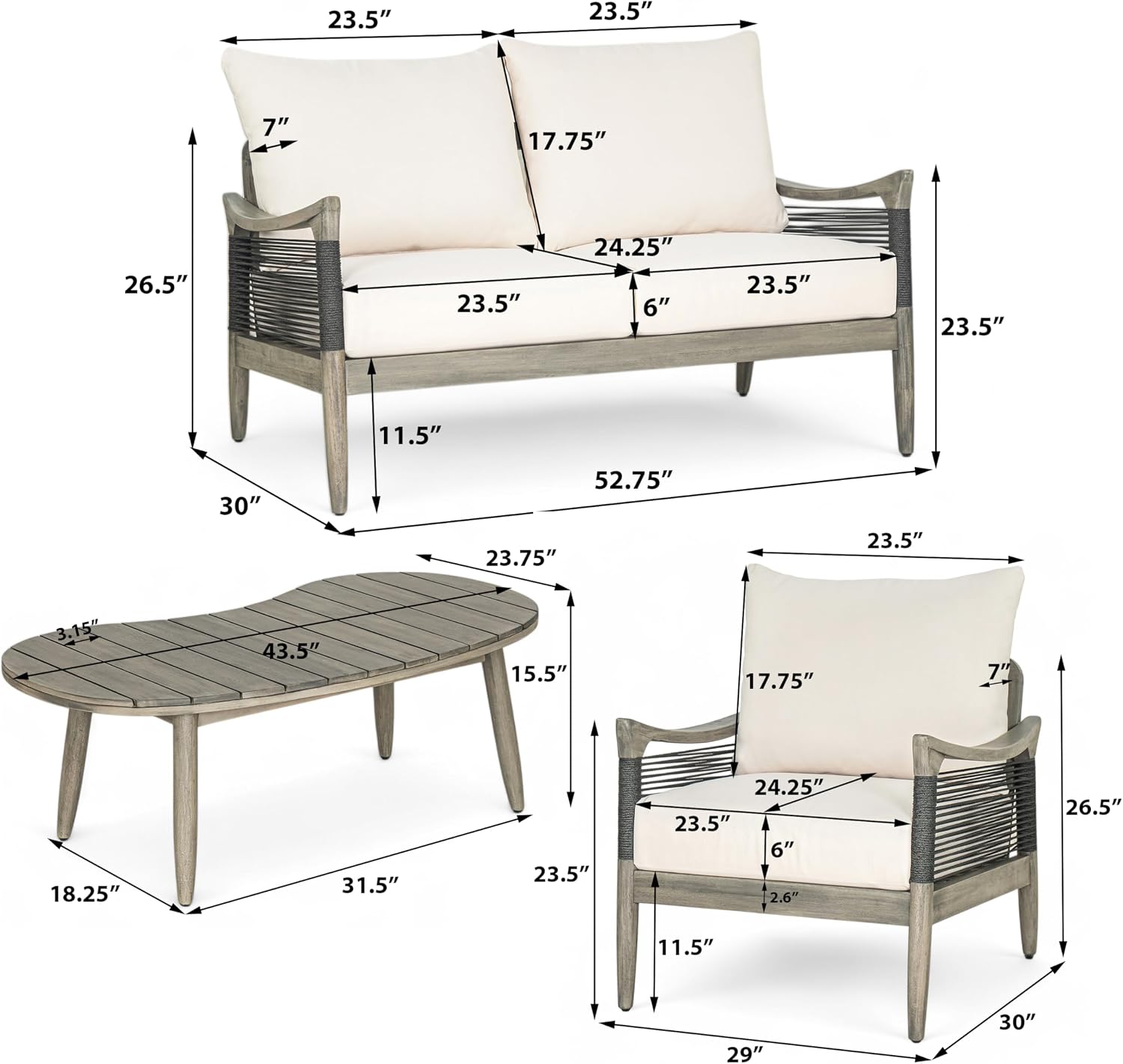 Acacia Wood Patio Conversation Set with Rope Woven Chairs & Loveseat, Outdoor Sofa Set with Arc Coffee Table & Cushions for Patio, Garden & Balcony
