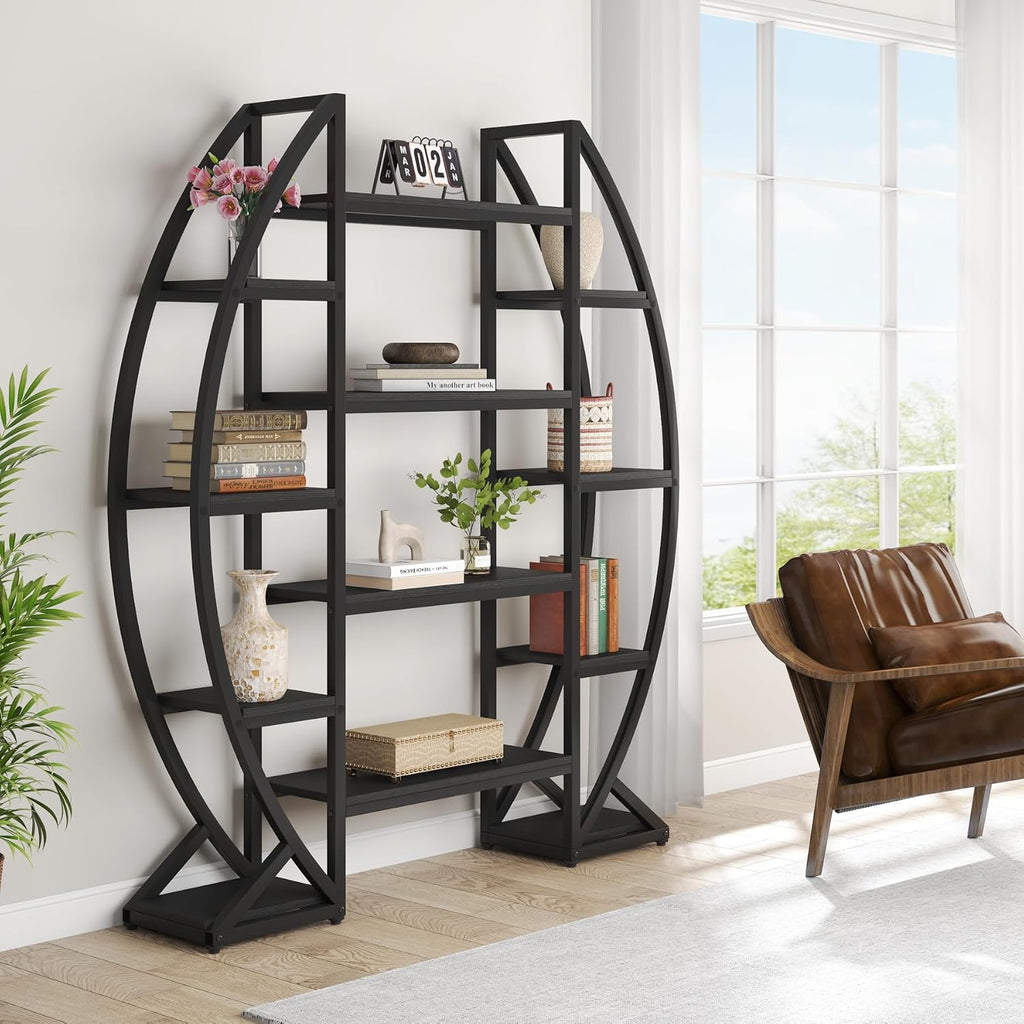 5-Tier Plant Stand with 12 Shelves, Large Half-Moon Metal & Wood Display Rack for Indoor Plants, Books & Decor Storage