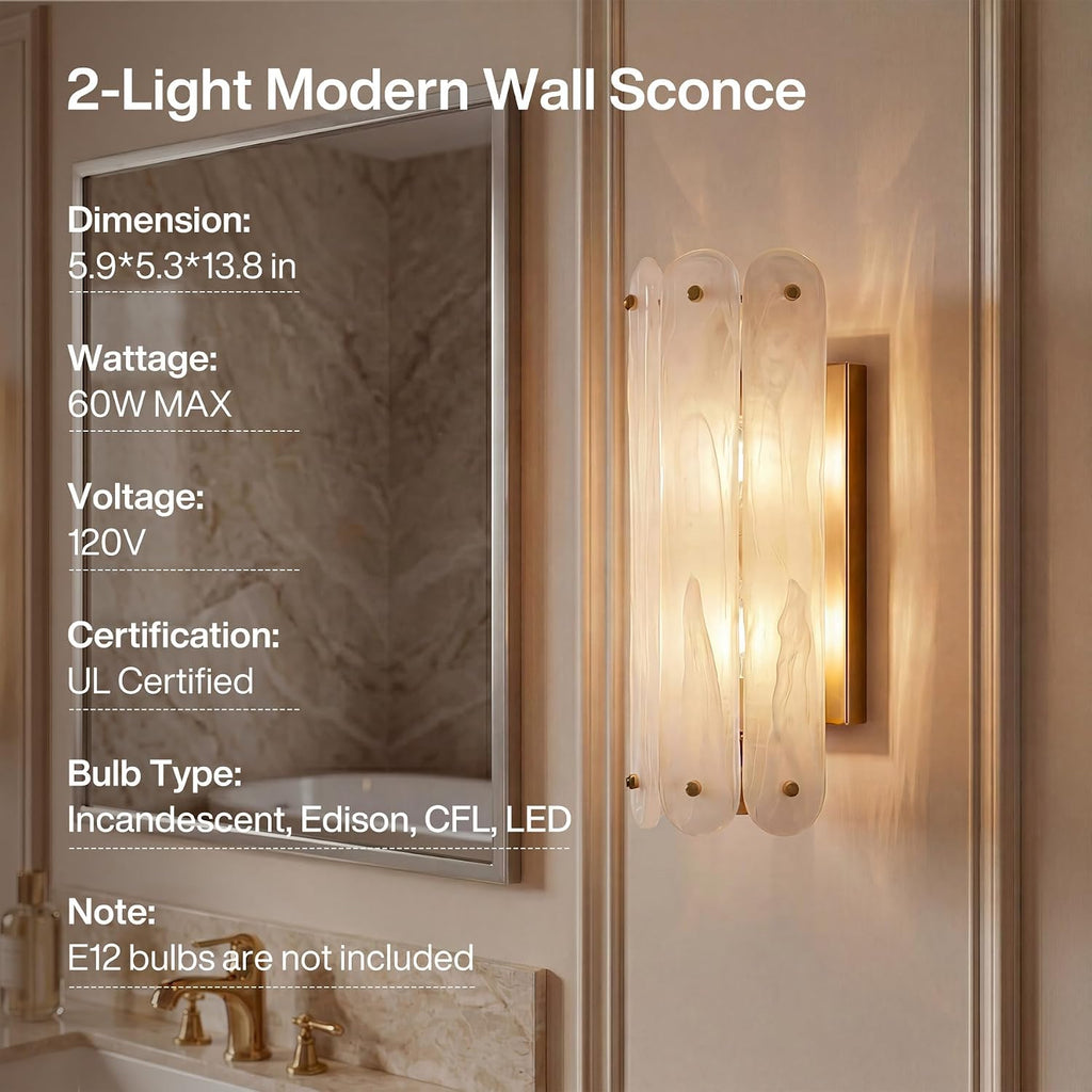 Cloud Glass Wall Sconce, 2-Light Brass Gold Vanity Wall Lamp, Modern Ambient Lighting for Bedroom Bathroom Hallway