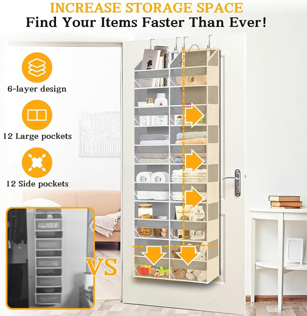 6-Tier Over-the-Door Storage Organizer with 12 Compartments & Side Mesh Pockets, Hanging Closet Door Storage Rack for Bedroom, Bathroom, Kitchen & Nursery