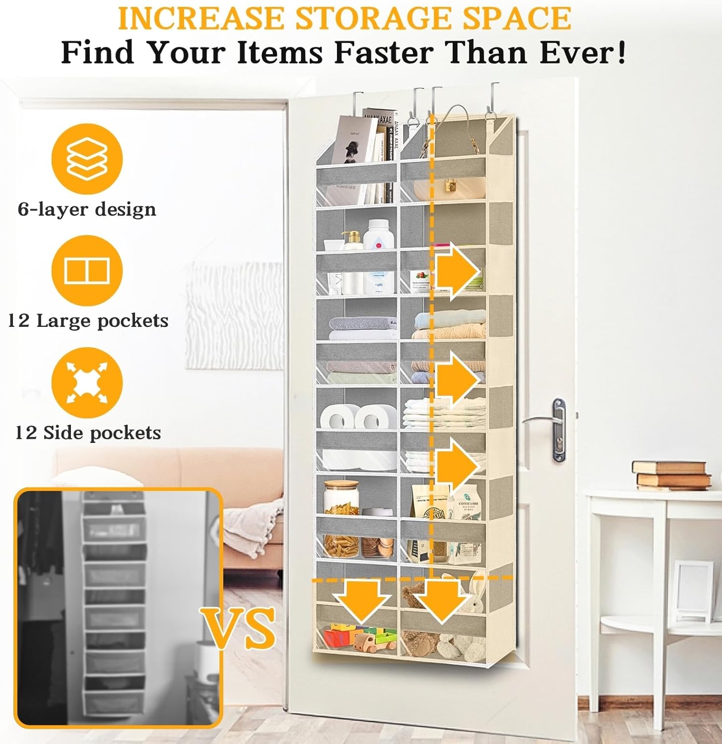 6-Tier Over-the-Door Storage Organizer with 12 Compartments & Side Mesh Pockets, Hanging Closet Door Storage Rack for Bedroom, Bathroom, Kitchen & Nursery
