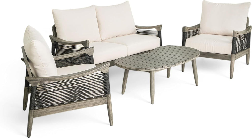 Acacia Wood Patio Conversation Set with Rope Woven Chairs & Loveseat, Outdoor Sofa Set with Arc Coffee Table & Cushions for Patio, Garden & Balcony
