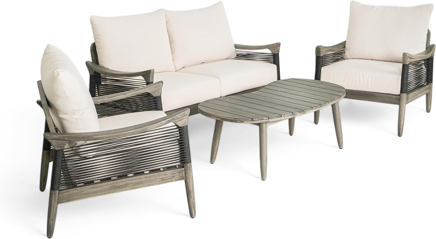 Acacia Wood Patio Conversation Set with Rope Woven Chairs & Loveseat, Outdoor Sofa Set with Arc Coffee Table & Cushions for Patio, Garden & Balcony