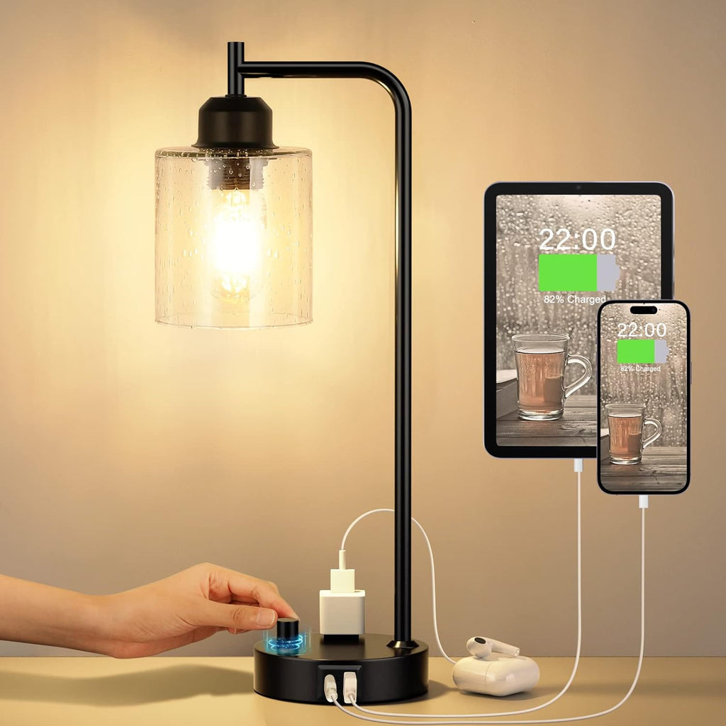Stepless Dimmable Industrial Table Lamp with USB-C, USB & AC Outlet Charging Ports, Vintage Bedside Desk Lamp with LED Bulb for Bedroom, Office & Living Room
