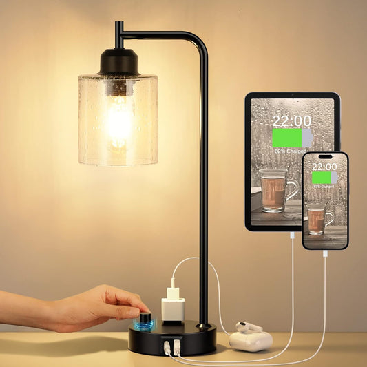 Stepless Dimmable Industrial Table Lamp with USB-C, USB & AC Outlet Charging Ports, Vintage Bedside Desk Lamp with LED Bulb for Bedroom, Office & Living Room