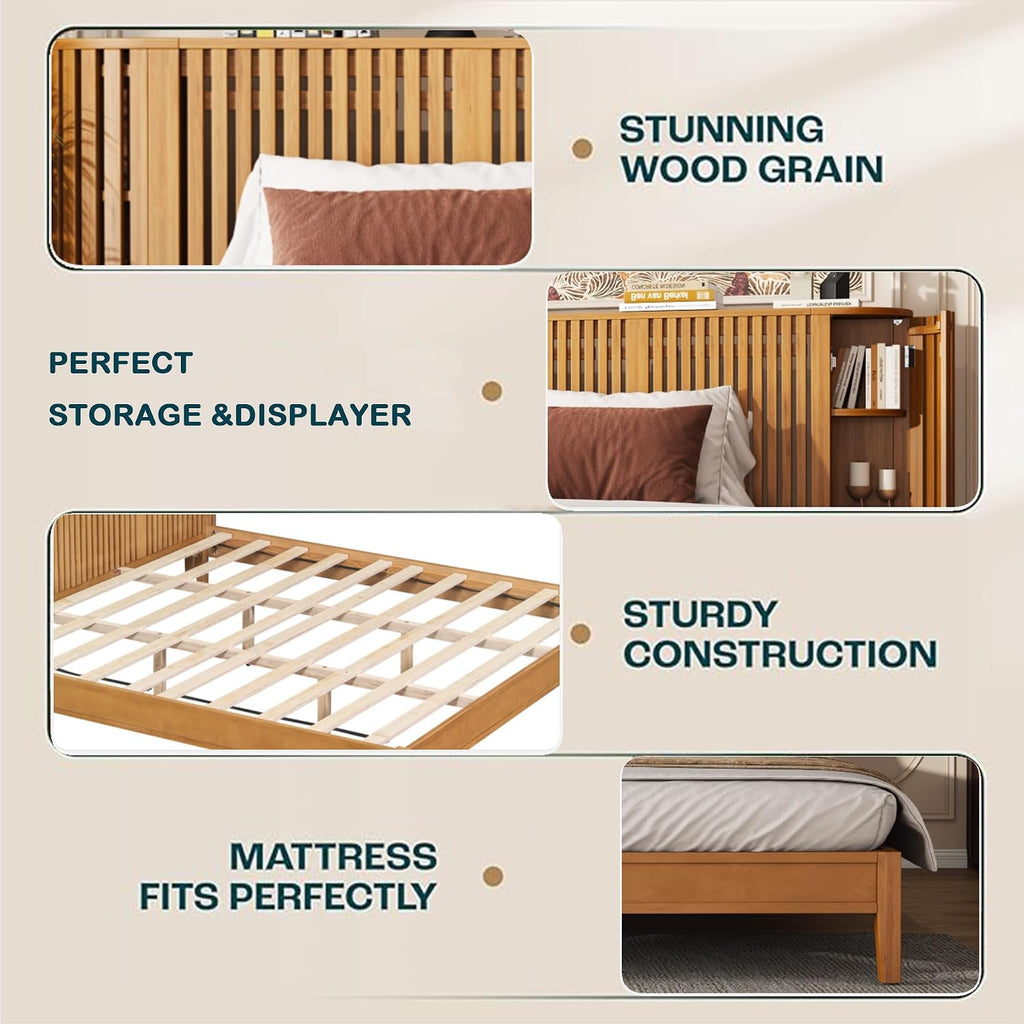 King Solid Wood Platform Bed Frame with Slat Headboard & Side Storage Cabinets, No Box Spring Needed, Modern Bedroom Bed with Display Shelf