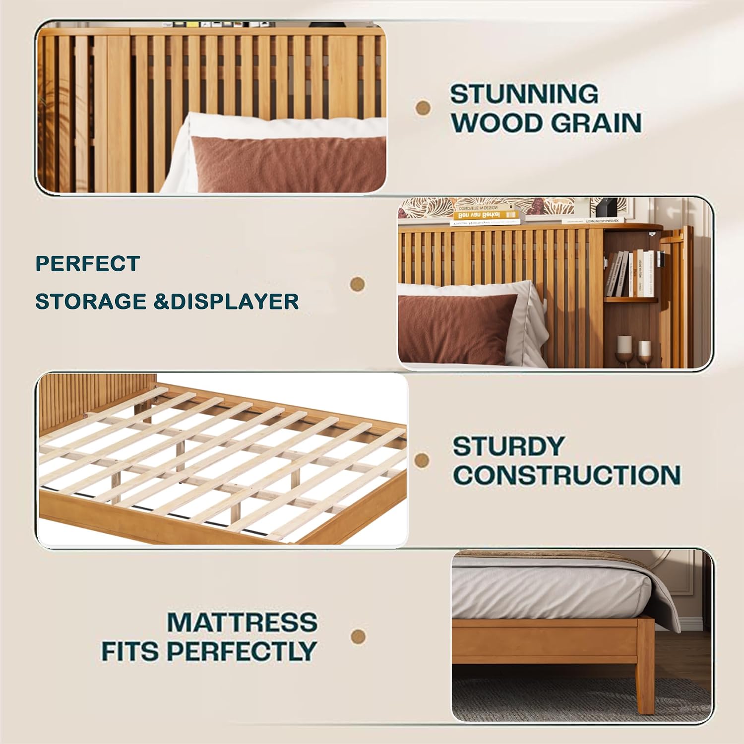 King Solid Wood Platform Bed Frame with Slat Headboard & Side Storage Cabinets, No Box Spring Needed, Modern Bedroom Bed with Display Shelf