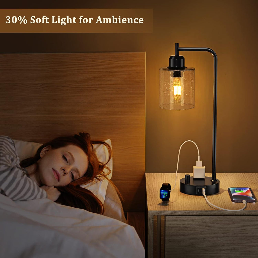 Stepless Dimmable Industrial Table Lamp with USB-C, USB & AC Outlet Charging Ports, Vintage Bedside Desk Lamp with LED Bulb for Bedroom, Office & Living Room