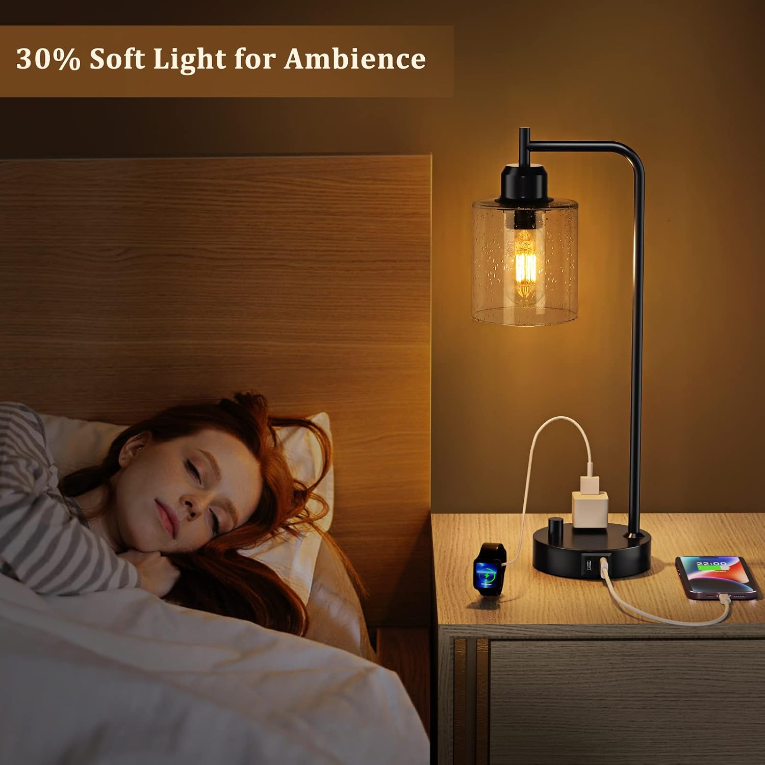 Stepless Dimmable Industrial Table Lamp with USB-C, USB & AC Outlet Charging Ports, Vintage Bedside Desk Lamp with LED Bulb for Bedroom, Office & Living Room