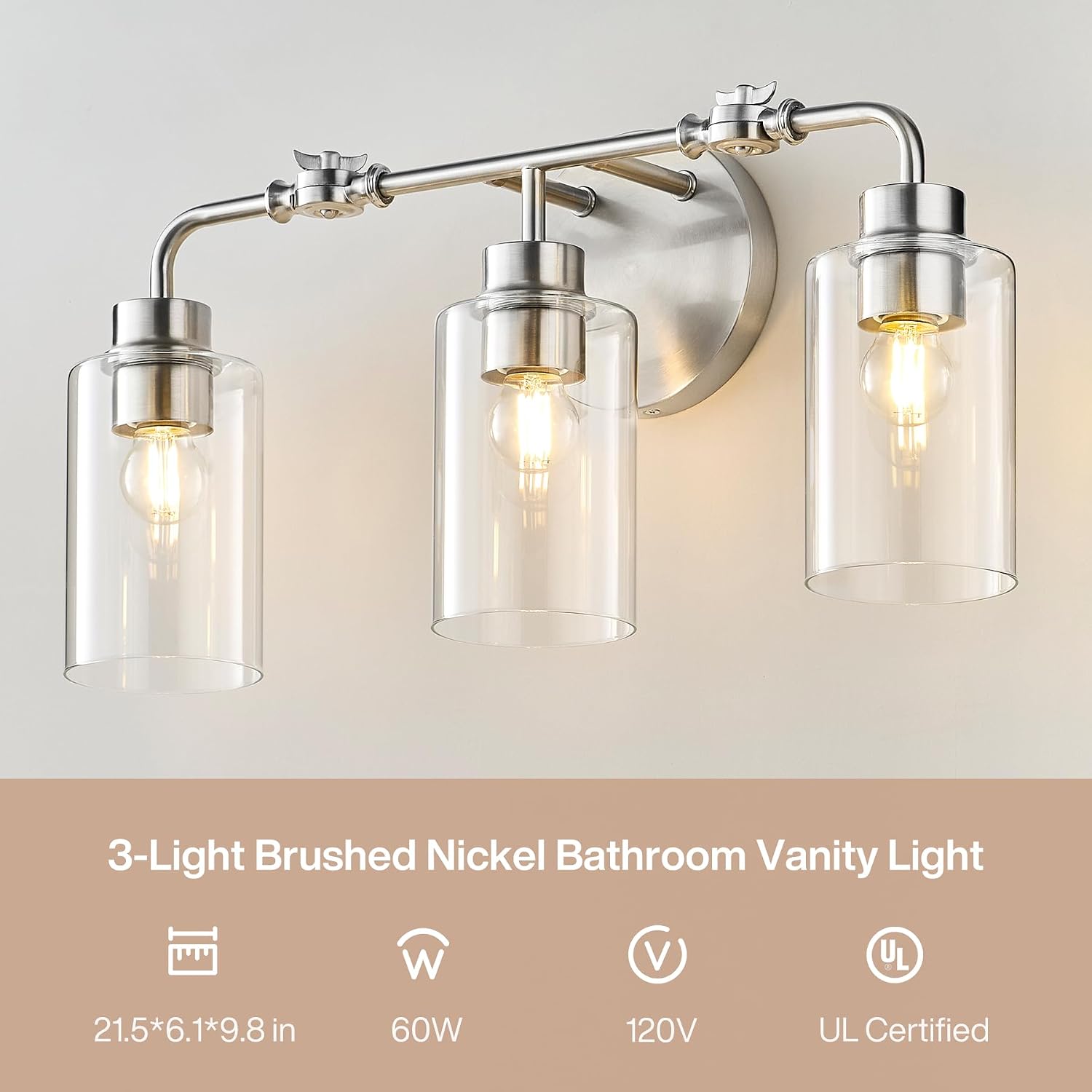 3-Light Bathroom Wall Sconce with Adjustable Heads, Brushed Nickel & Glass Vanity Light Fixture, Up & Down Mount Wall Lighting for Bathroom, Bedroom & Vanity