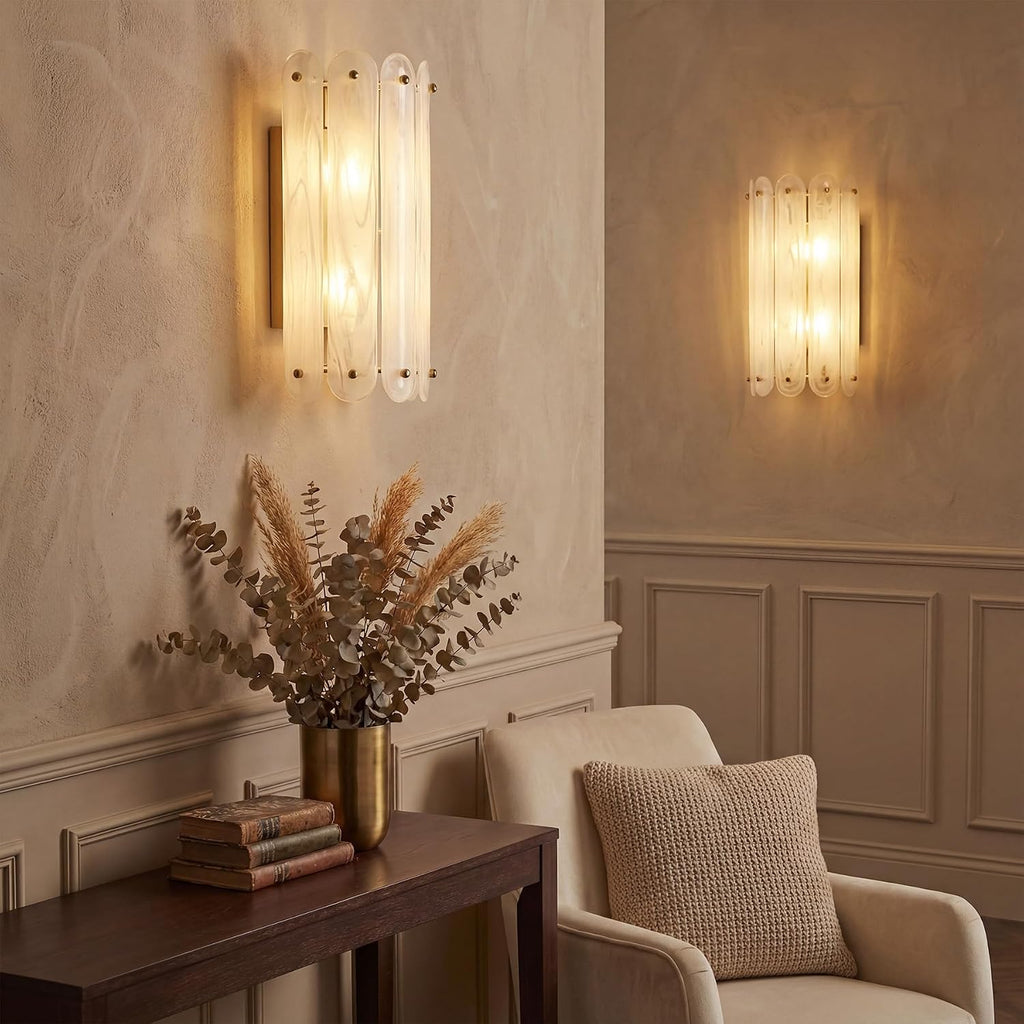 Cloud Glass Wall Sconce, 2-Light Brass Gold Vanity Wall Lamp, Modern Ambient Lighting for Bedroom Bathroom Hallway