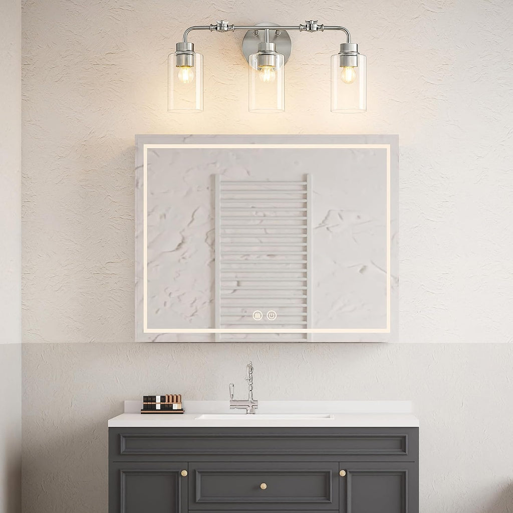 3-Light Bathroom Wall Sconce with Adjustable Heads, Brushed Nickel & Glass Vanity Light Fixture, Up & Down Mount Wall Lighting for Bathroom, Bedroom & Vanity