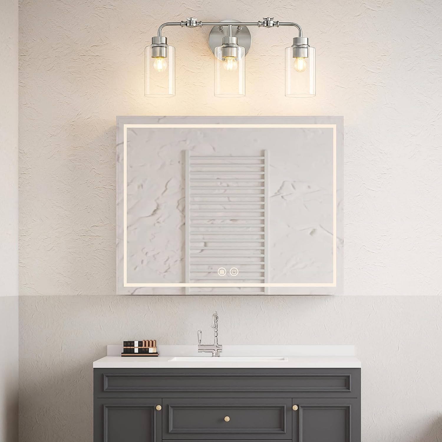 3-Light Bathroom Wall Sconce with Adjustable Heads, Brushed Nickel & Glass Vanity Light Fixture, Up & Down Mount Wall Lighting for Bathroom, Bedroom & Vanity