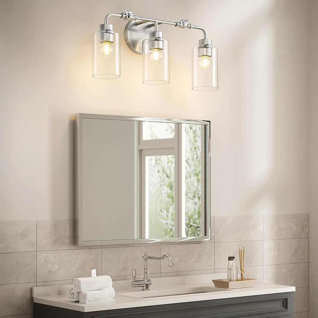 3-Light Bathroom Wall Sconce with Adjustable Heads, Brushed Nickel & Glass Vanity Light Fixture, Up & Down Mount Wall Lighting for Bathroom, Bedroom & Vanity