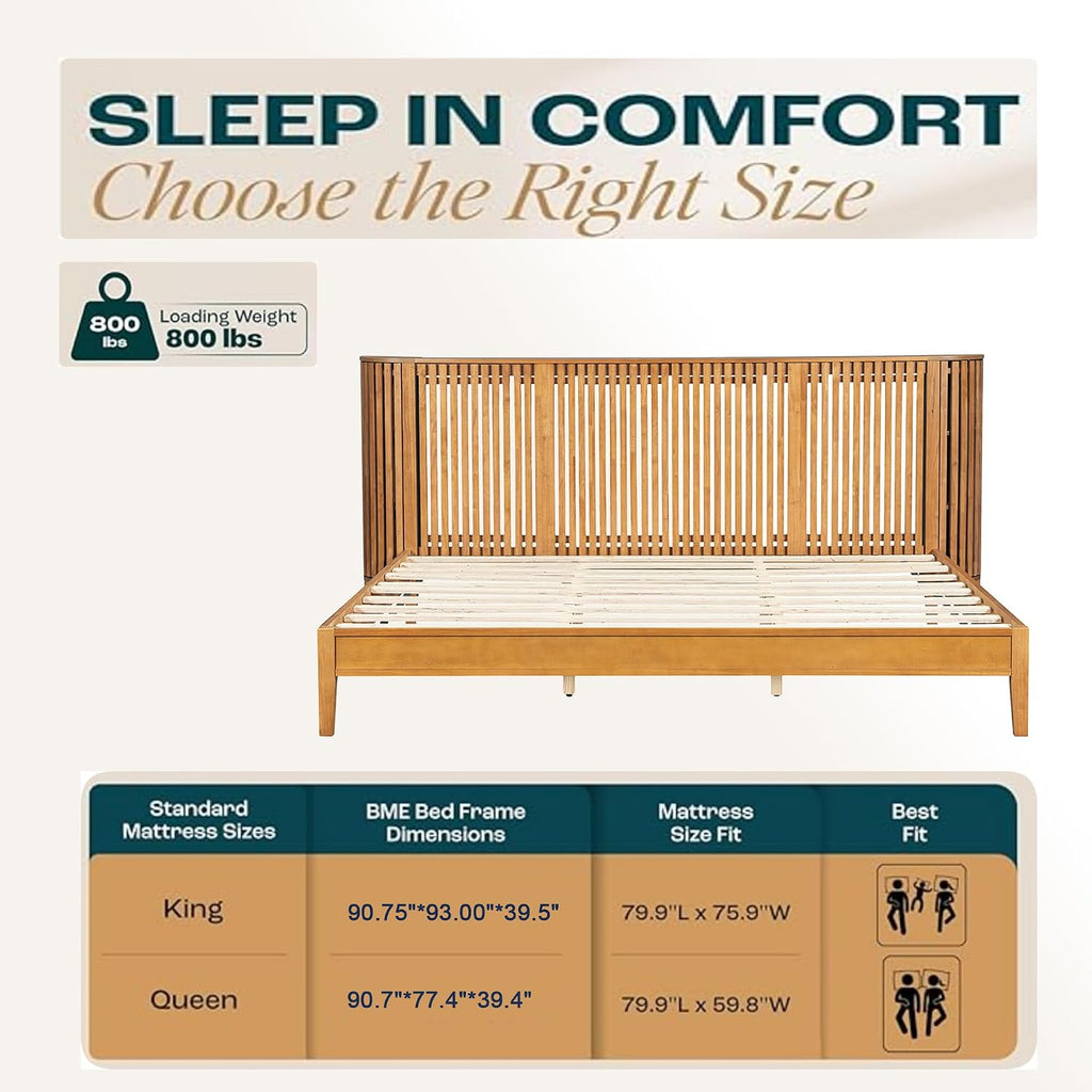 King Solid Wood Platform Bed Frame with Slat Headboard & Side Storage Cabinets, No Box Spring Needed, Modern Bedroom Bed with Display Shelf