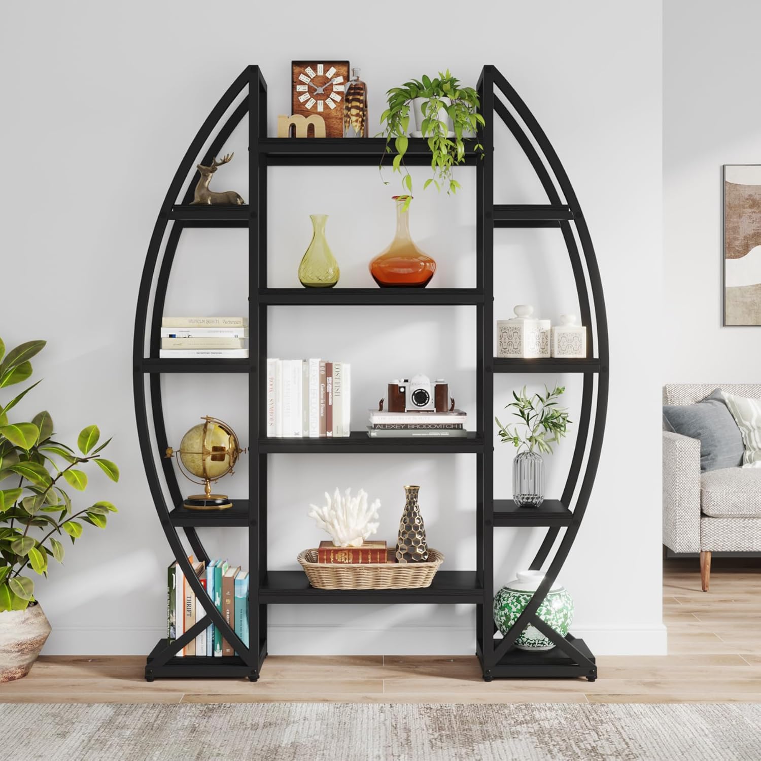 5-Tier Plant Stand with 12 Shelves, Large Half-Moon Metal & Wood Display Rack for Indoor Plants, Books & Decor Storage