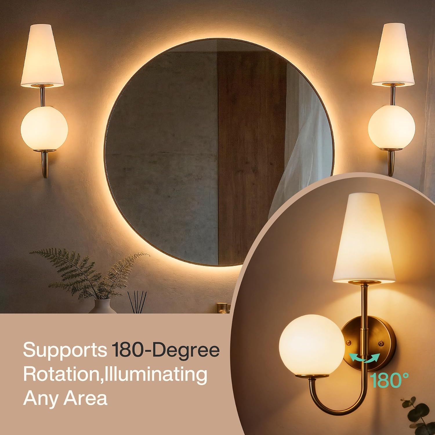 Dual-Head Wall Sconce with Gold Metal Finish, Modern Glass Shade Wall Light Fixture for Bedroom, Living Room & Hallway, E12 Base