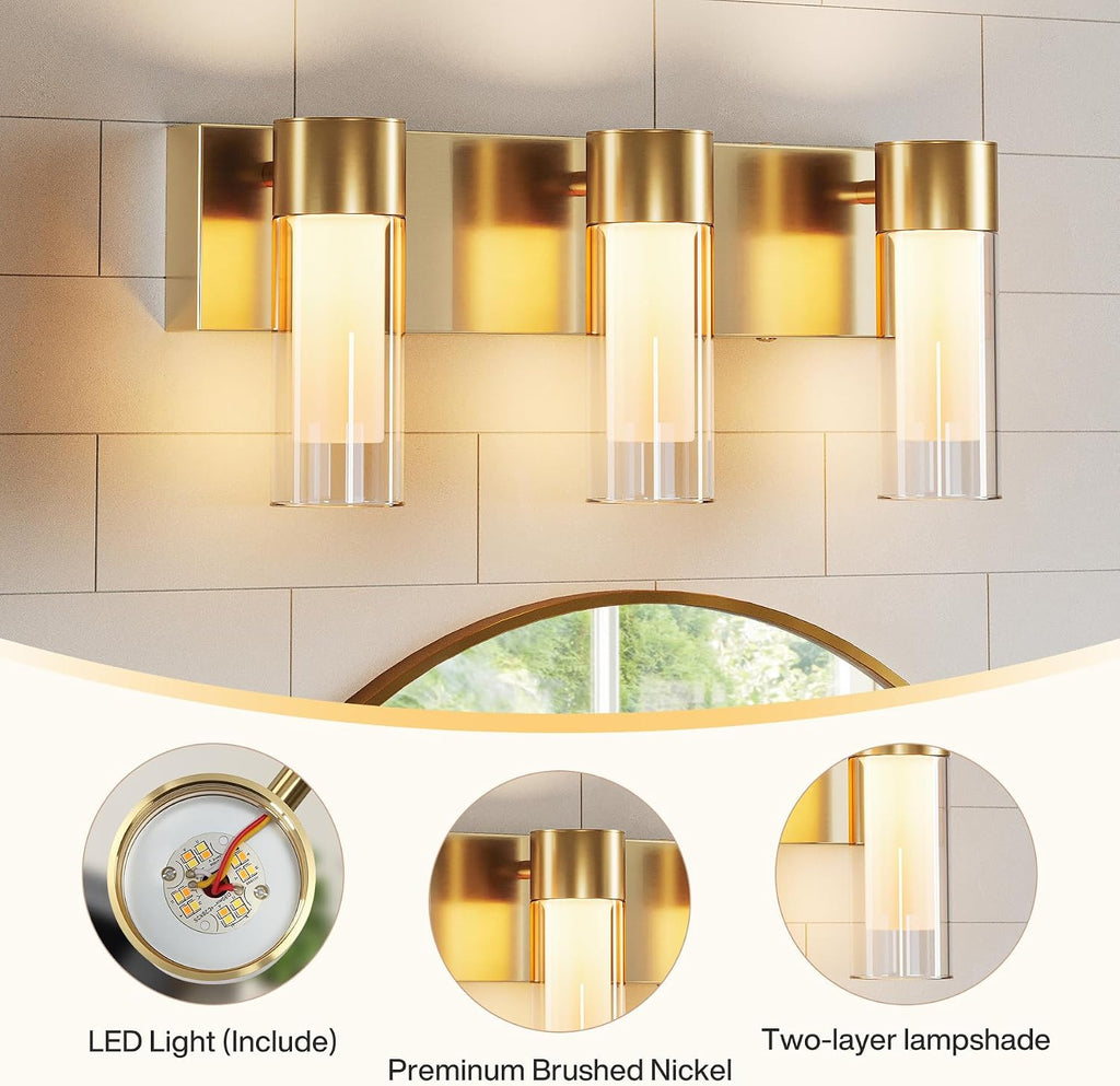3-Light LED Bathroom Vanity Light with Adjustable Color Temperature (3000K–6000K), Modern Glass Wall Sconce for Bathroom, Bedroom & Dressing Area