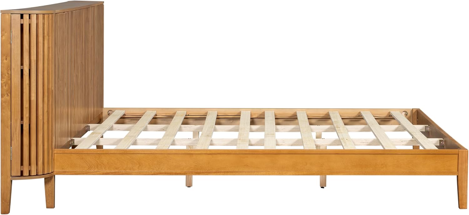 King Solid Wood Platform Bed Frame with Slat Headboard & Side Storage Cabinets, No Box Spring Needed, Modern Bedroom Bed with Display Shelf
