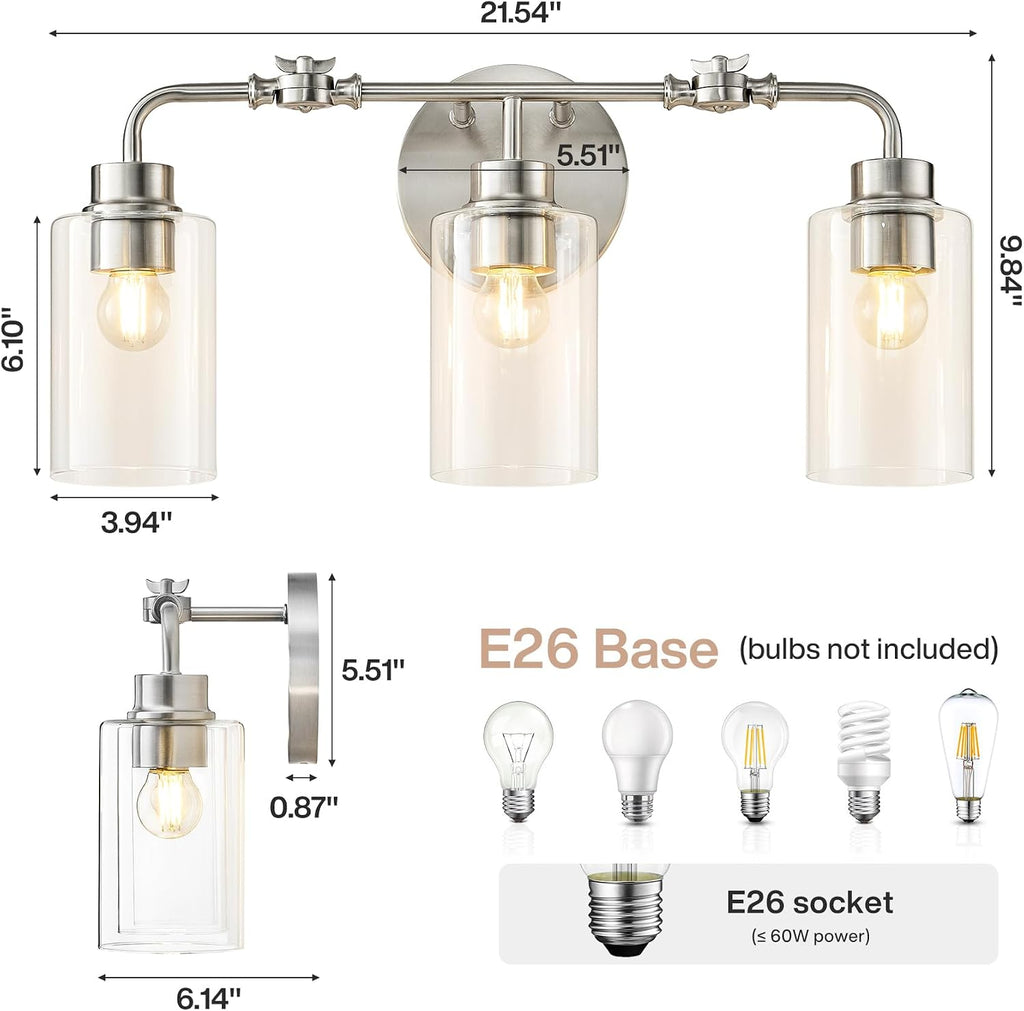 3-Light Bathroom Wall Sconce with Adjustable Heads, Brushed Nickel & Glass Vanity Light Fixture, Up & Down Mount Wall Lighting for Bathroom, Bedroom & Vanity