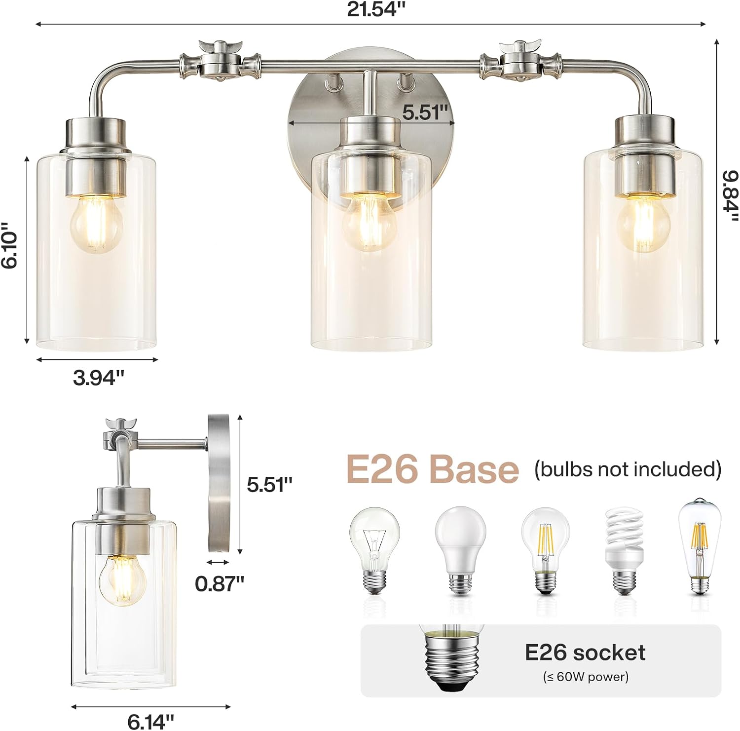 3-Light Bathroom Wall Sconce with Adjustable Heads, Brushed Nickel & Glass Vanity Light Fixture, Up & Down Mount Wall Lighting for Bathroom, Bedroom & Vanity