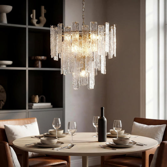 Tiered Modern Chandelier Light with Ripple Glass Shades, Gold Finish Pendant Ceiling Fixture for Dining Room, Living Room & Entryway