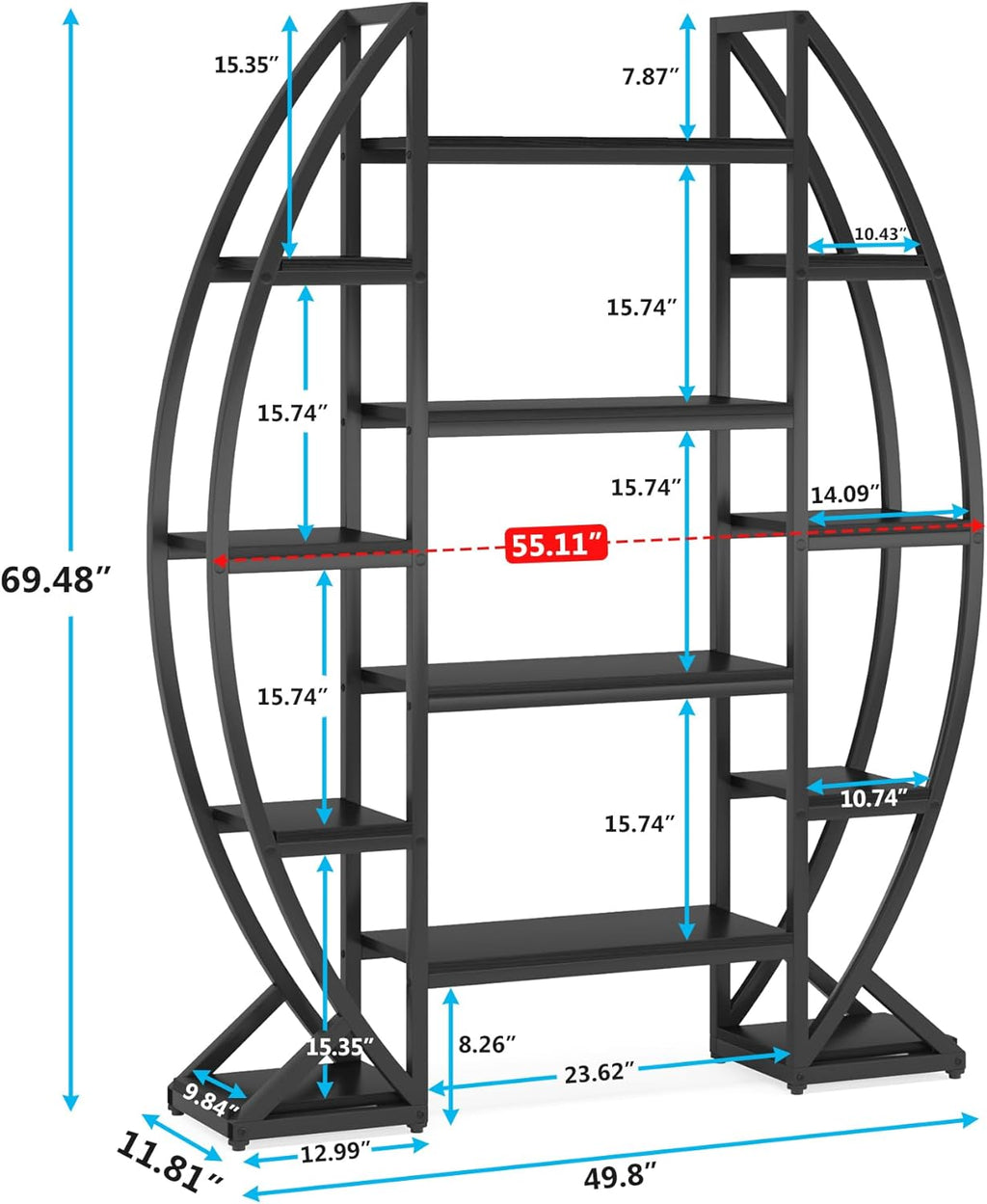 5-Tier Plant Stand with 12 Shelves, Large Half-Moon Metal & Wood Display Rack for Indoor Plants, Books & Decor Storage