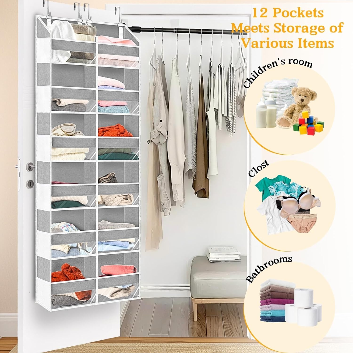 6-Tier Over-the-Door Storage Organizer with 12 Compartments & Side Mesh Pockets, Hanging Closet Door Storage Rack for Bedroom, Bathroom, Kitchen & Nursery