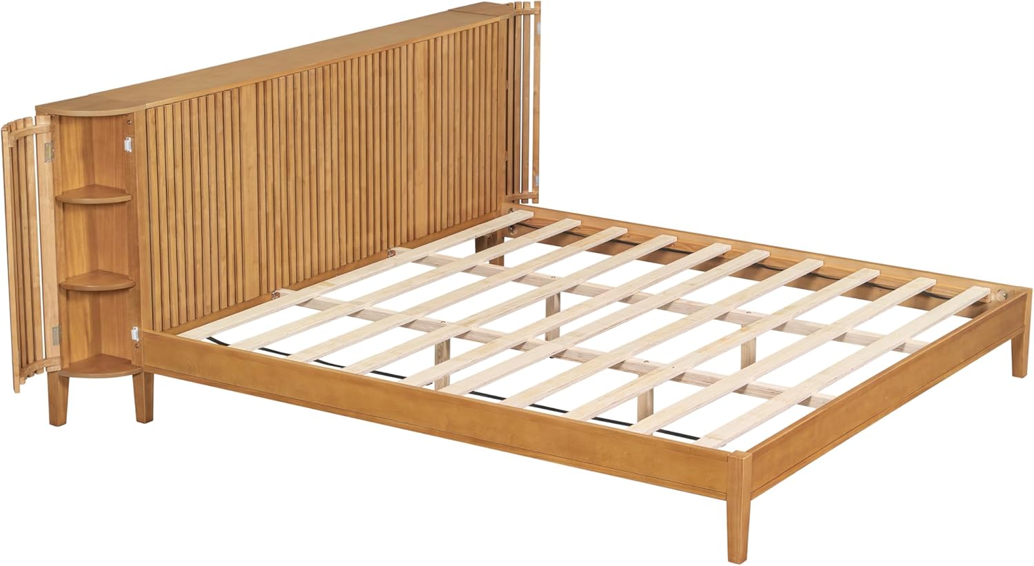 King Solid Wood Platform Bed Frame with Slat Headboard & Side Storage Cabinets, No Box Spring Needed, Modern Bedroom Bed with Display Shelf